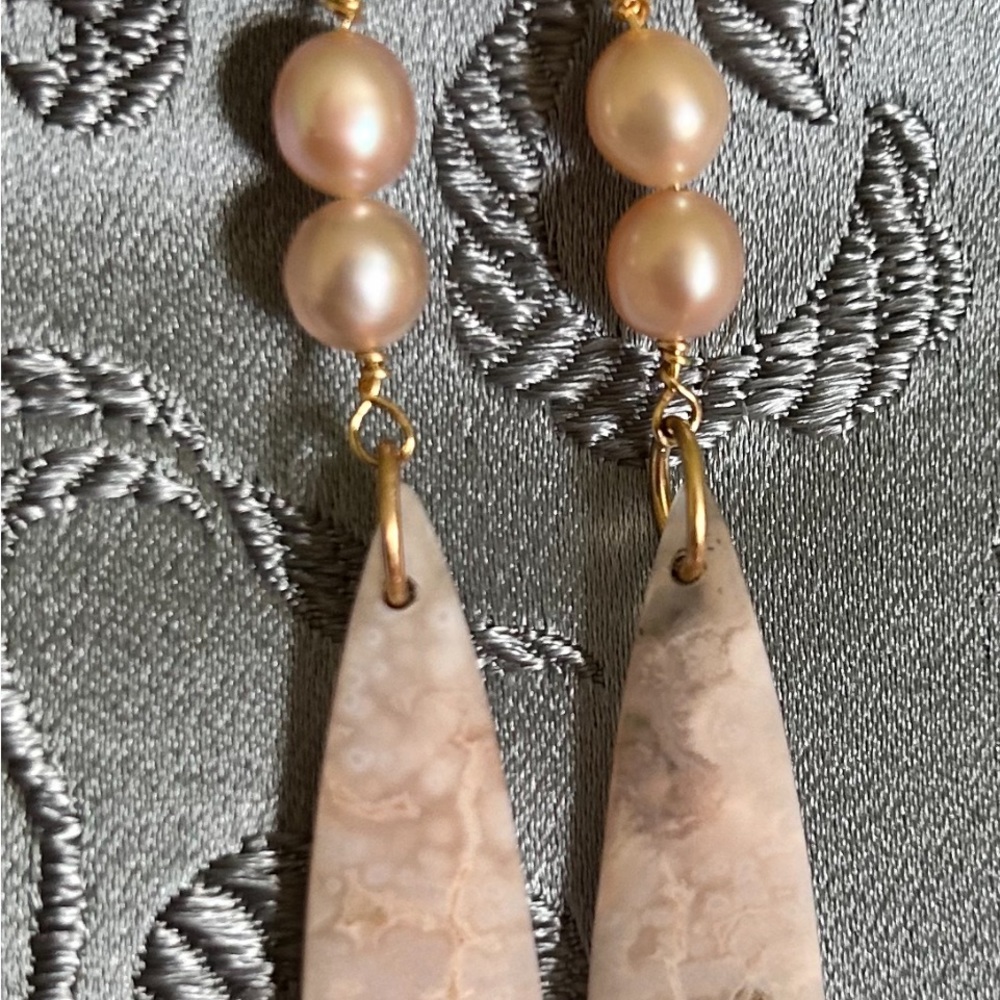 14K GF Cherry Blossom Agate/Pink Pearl Earrings